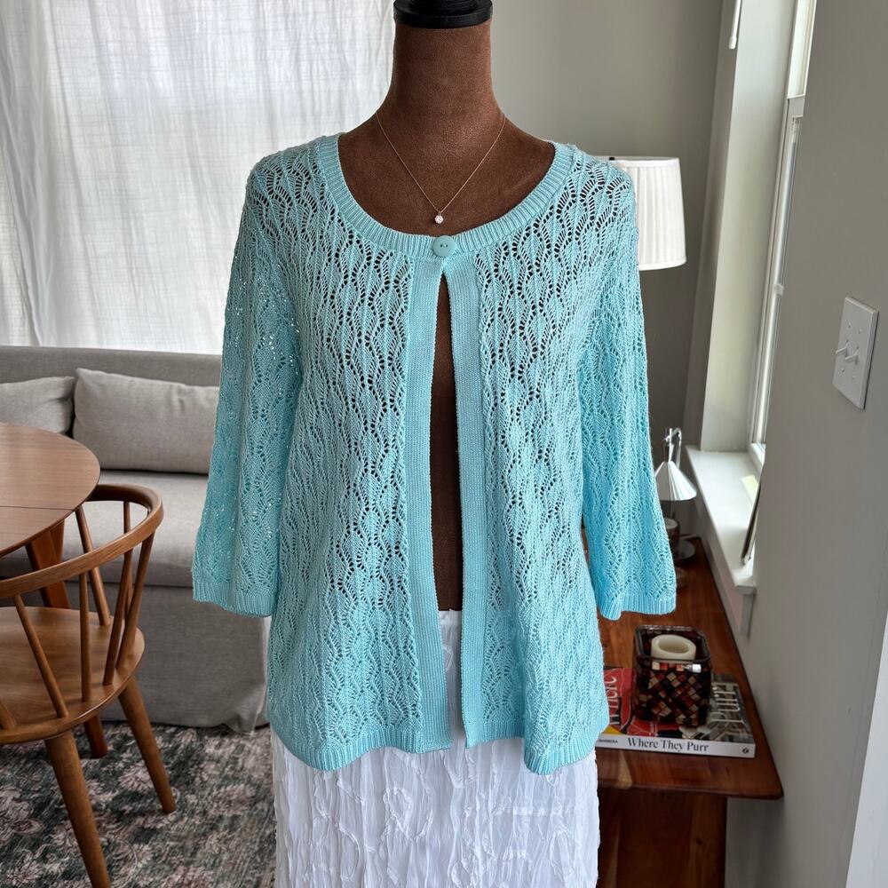2000s Kim Rogers Baby Blue Open Knit Single Button Cardigan Summer Sweater XL